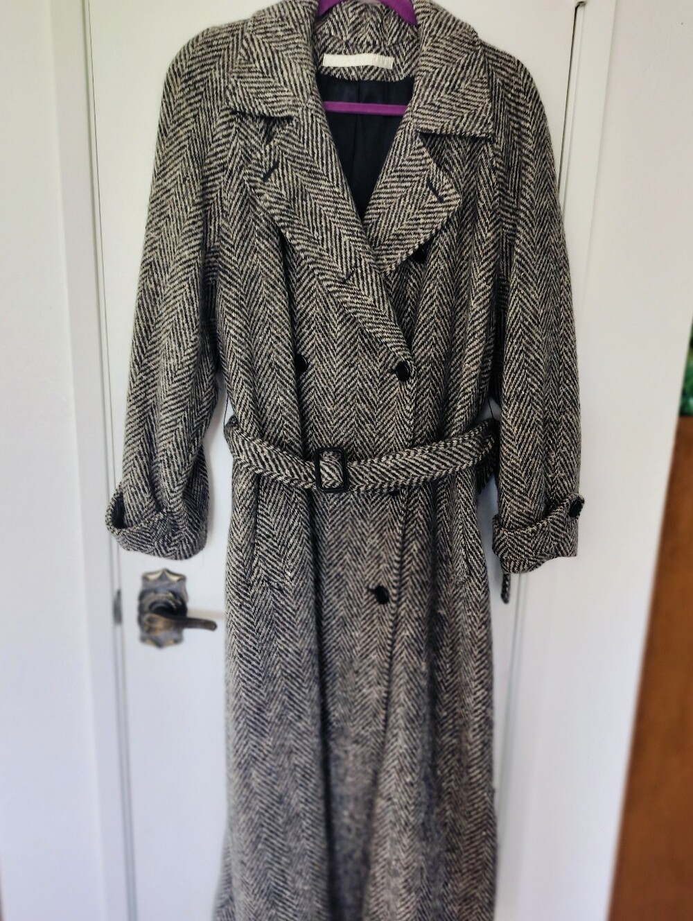Vintage 80s Perry Ellis for I. Magnin Herringbone Tweed Trench Coat Wool 12